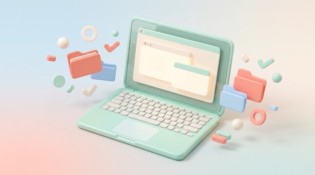 Pastel laptop with floating 3D folders and digital interface elements