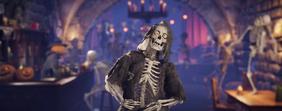 Scary skeleton dancing at Halloween party in a gothic dungeon pub, 3D animation