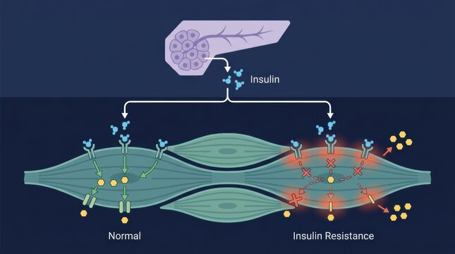 Medical illustration comparing normal insulin function and insulin resistance in muscle cells