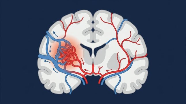 Medical illustration of a brain arteriovenous malformation showing abnormal blood vessel tangle