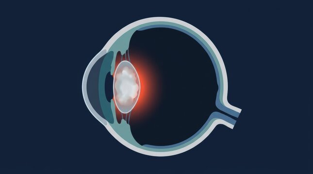 Medical illustration of a human eye cross section showing a cloudy cataract in the lens area