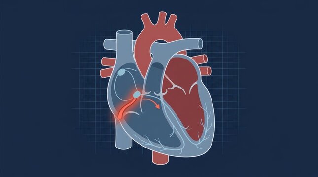 Anatomical illustration of the human heart showing the electrical conduction system pathway