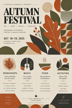A modern autumn festival poster using abstract leaf shapes, geometric patterns 