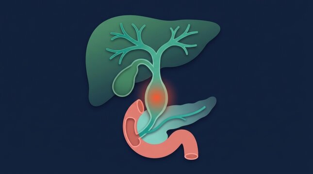 Medical illustration of the human biliary system with a highlighted area of potential blockage