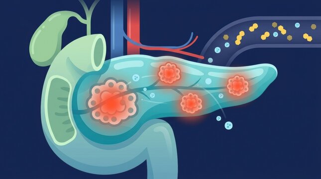 Medical illustration of human pancreas anatomy showing tumor development and cellular pathology