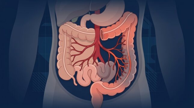 Medical illustration of human digestive system anatomy with highlighted intestinal blood vessels