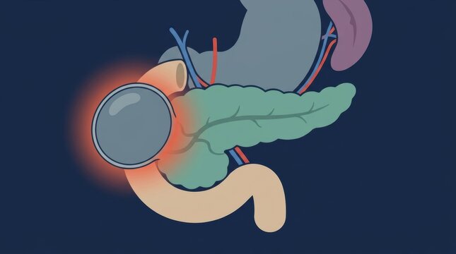 Medical illustration of human pancreas anatomy with a glowing area indicating inflammation pain