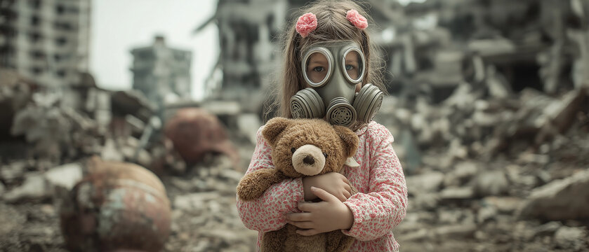 Little girl with gas mask holding teddy bear in destroyed city