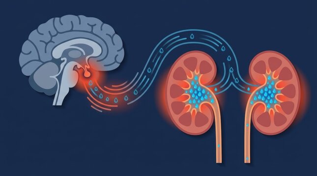 Medical illustration showing the connection between the human brain and the kidney functions