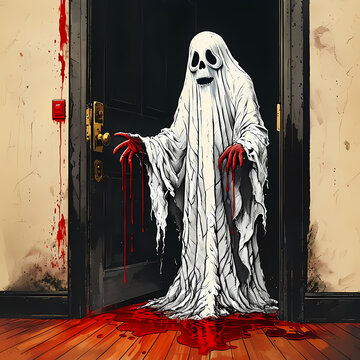 Creepy Ghost Figure in a Flowing Sheet Standing in an Open Doorway, Haunting Halloween Horror Illustration with Skull Face, Dripping Blood and Supernatural Details