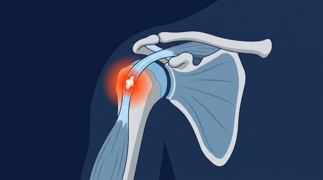 Medical illustration of shoulder joint anatomy showing inflammation and tendon calcification
