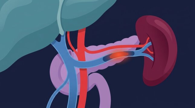 Medical illustration of human anatomy showing the pancreas and spleen with vascular blood flow