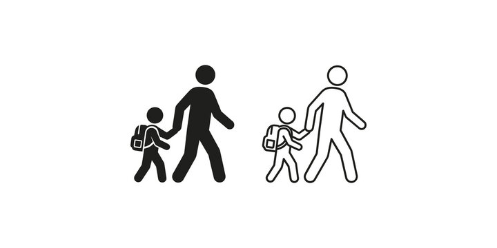 Parent and child walking icon with school backpacks in solid and outline styles.