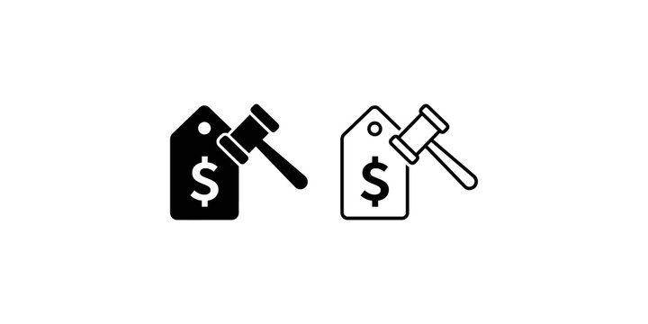 Auction icons set with dollar price tag and judge gavel featuring linear and solid black glyph styles for legal bidding business concepts.