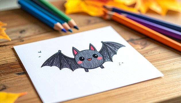 Kawaii Halloween bat drawing on white paper with colored pencils