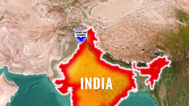 Jammu and Kashmir region is highlighted on the India satellite map video footage