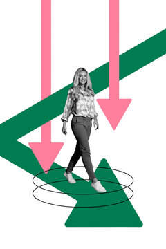 Composite trend artwork sketch photo collage of monochrome young woman walk step huge analyzing arrow go down direction crisis decrease
