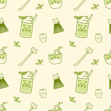 Cat theme matcha green tea drink seamless vector pattern
