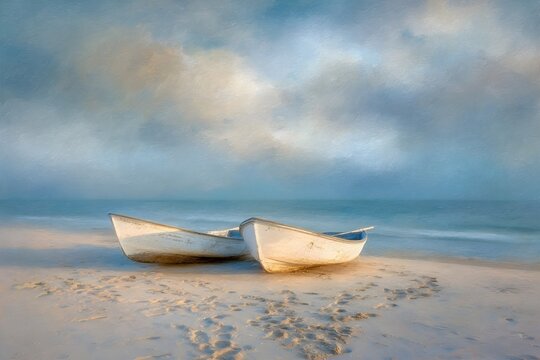 Two white rowboats resting on a sandy beach under cloudy sky