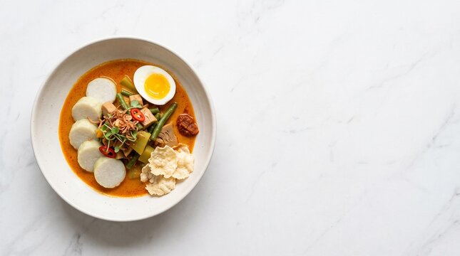 Lontong sayur, Indonesian traditional food of rice cake with vegetable curry and egg on a white marble background with copy space