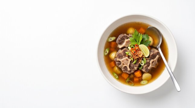 Traditional Savory Oxtail Soup Bowl Featuring Tender Beef Pieces and Fresh Vegetables in a Clear Broth Served on a Clean Minimalist White Background
