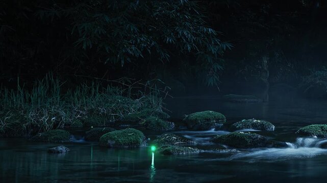 初夏の夜の静寂な日本の渓流と苔むした岩の上を淡く光りながら優雅に漂うホタルのシネマグラフ映像