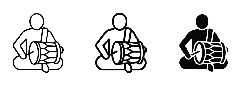 Musician Playing Drum Icon Set, Percussionist Silhouette, Traditional Music Vector Art