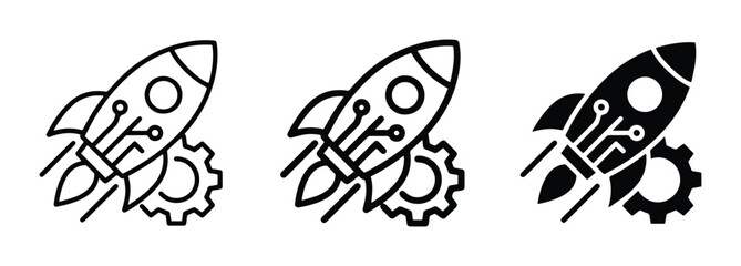 Obraz premium Rocket Ship Launch, Technology Innovation, Startup Growth, Gear Icon Set