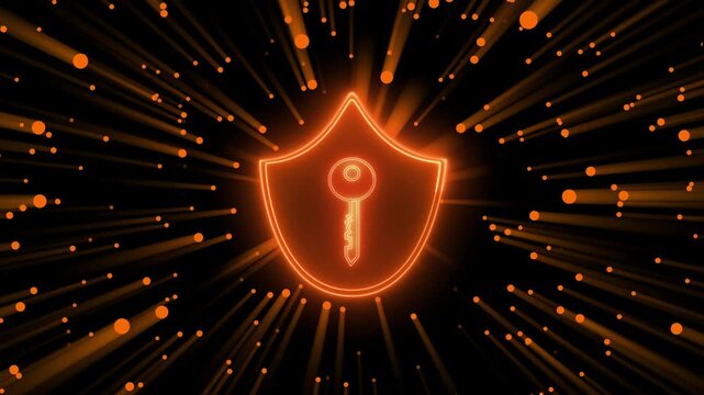 Security shield animation displays an authorized access key on dark. Password login data protection confirms on this security shield. Safe account entry uses security shield.