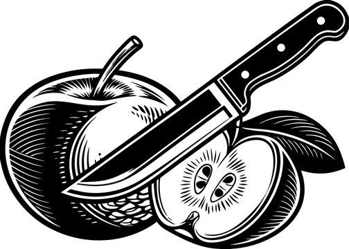 Sliced apple with kitchen knife black and white engraving