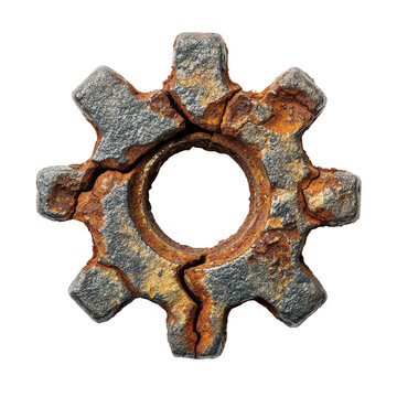 Corroded metal cogwheel with cracked surface during industrial decay Isolated on transparent background