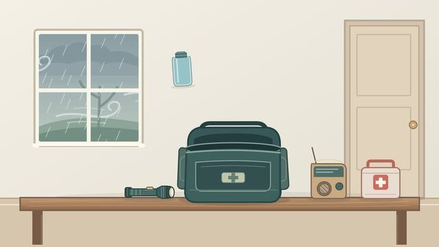 Animated home emergency preparedness kit with survival items getting packed into a go bag during a hurricane storm
