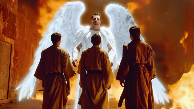 Shadrach, Meshach, And Abednego Stand Unharmed In The Fiery Furnace As An Angel Protects Them