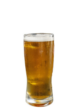 A glass of light-colored beer, isolated on a transparent background, cold and frothy, with condensation, photographed from above.