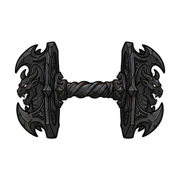 A dark gothic dumbbell featuring fierce demon or gargoyle heads on the weight plates and a twisted metal grip. Ideal for hardcore fitness concepts