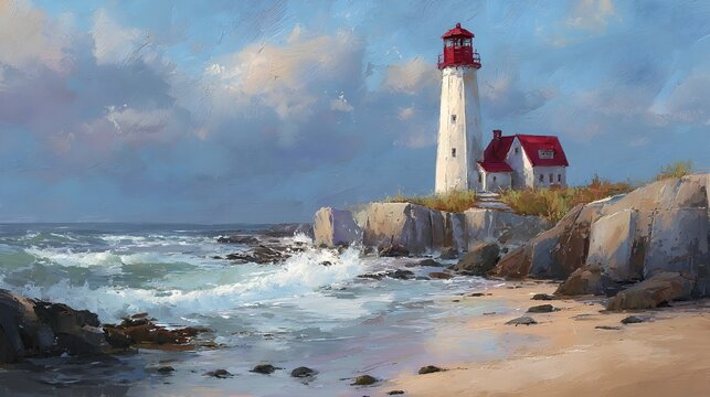 lighthouse on rocky coast with crashing waves in impressionist style