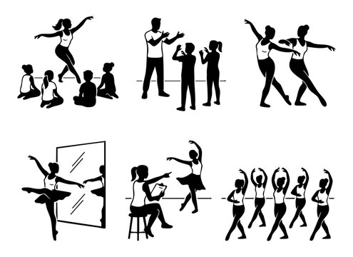 Silhouette illustrations of ballet dancers and dance instructors in various training and practice scenes.