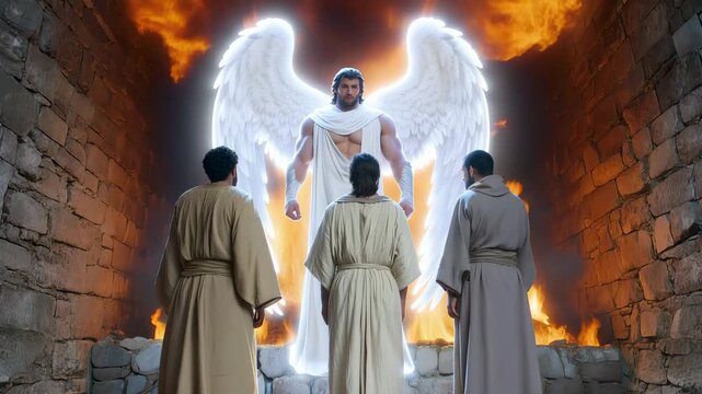 Shadrach, Meshach, and Abednego in the Fiery Furnace, and an Angel Saves Them. Old Testament Story