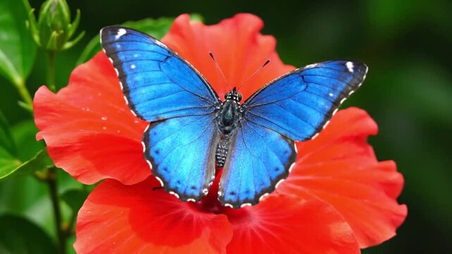 Stunning Blue Morpho Butterfly Resting with Wings Spread on a Vibrant Red Hibiscus Flower in Tropical Sunlight Exposure