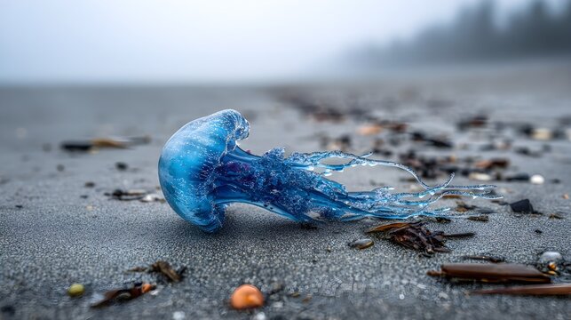 Blue jellyfish washed ashore on a pebble strewn wet beach