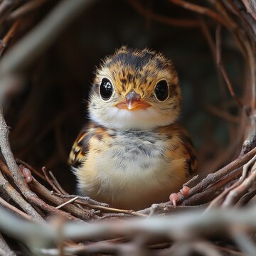 Close-up portrait of a cute tiny chick with large expressive eyes sitting safely inside its cozy twig nest