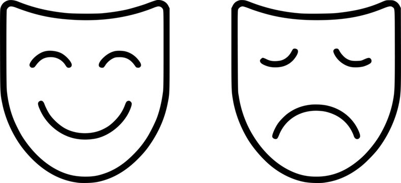 The image depicts two theatrical masks, one with a smiling face and the other with a frowning face, set against a dark background, suggesting themes of comedy and tragedy in an artistic or