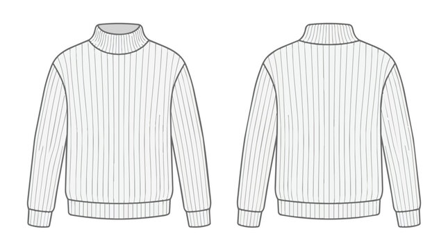 Mens Ribbed Turtleneck Sweater Fashion Flat Sketch Template Front and Back View Technical Drawing for Design