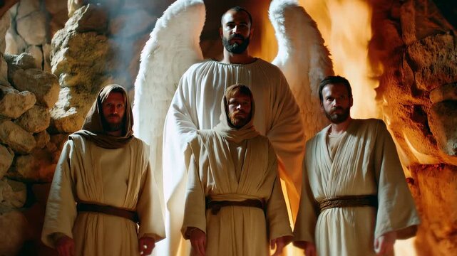Shadrach, Meshach, and Abednego in the Fiery Furnace, and an Angel Saves Them. Old Testament Story
