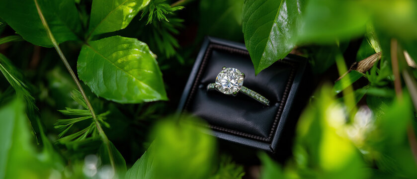 Diamond ring in box amidst green foliage