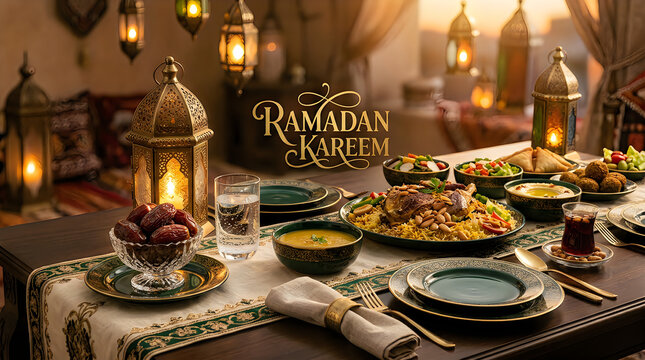 Ramadan iftar table with traditional lantern and food