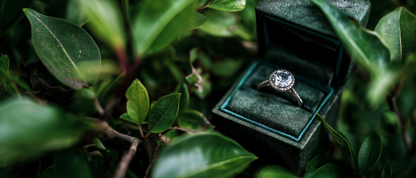 Diamond ring in box amidst green foliage