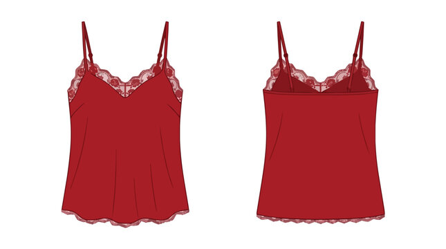 Red Silk Camisole Top with Delicate Lace Trim Technical Fashion Sketch Illustration Front and Back View Set