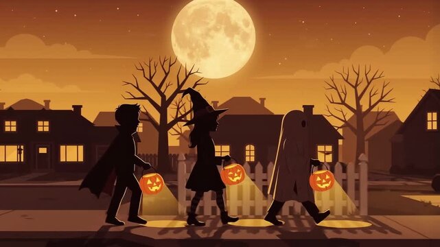 Halloween Animation of Children in Costumes Trick or Treating at Night.