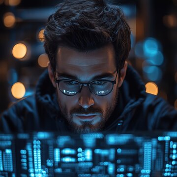 Portrait of a focused man in glasses working at a computer screen with screen light and code reflecting on his lenses in the dark